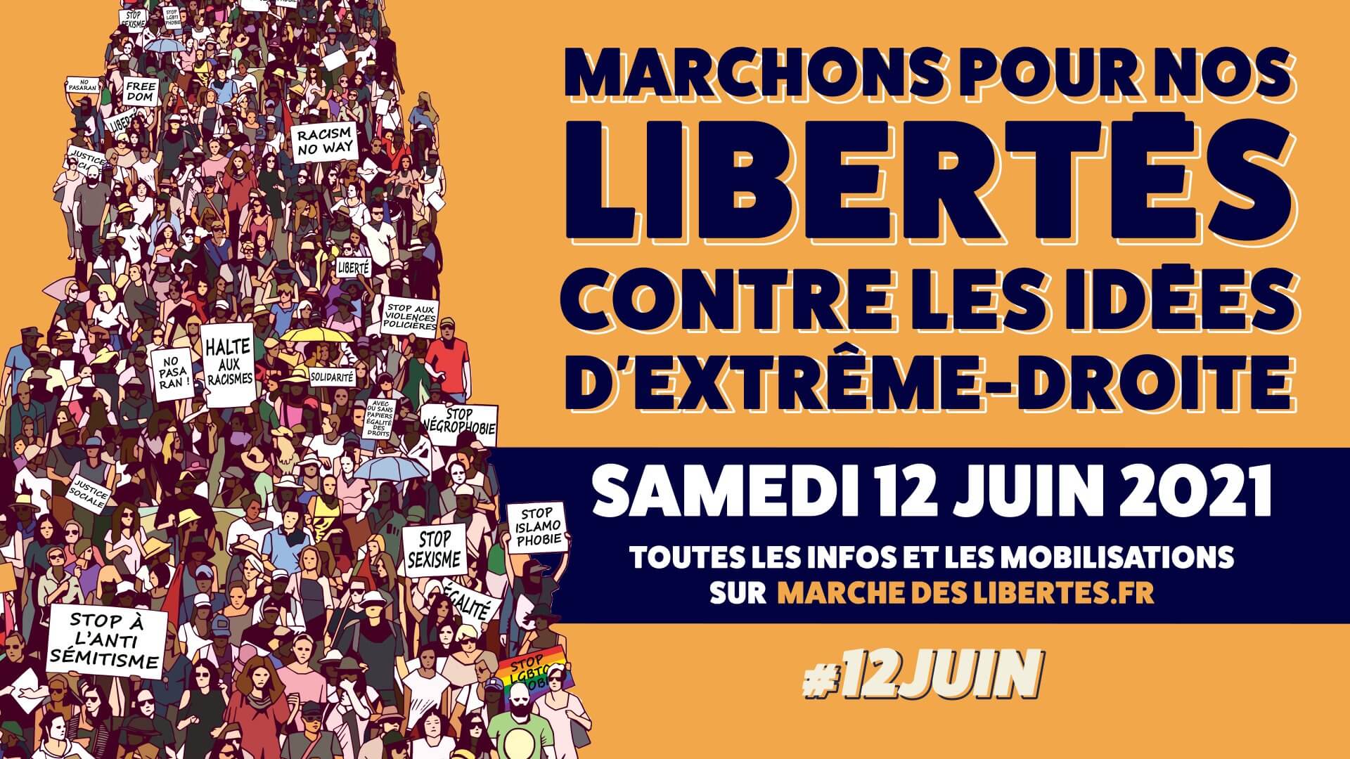 Visuel Samedi 12 juin : marchons pour nos libertés, contre les idées d’extrême-droite !