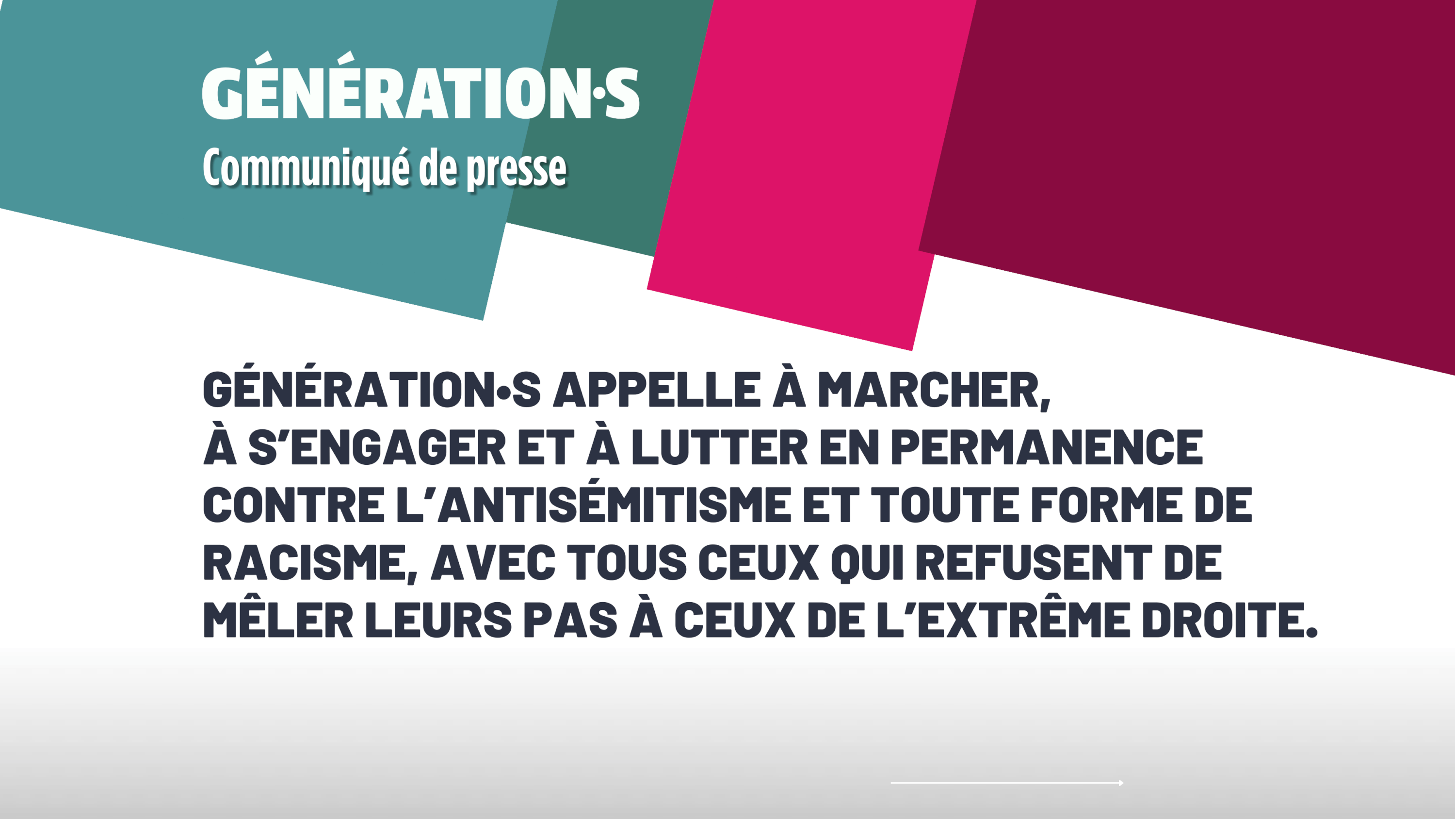 Visuel Génération·s appelle à marcher, à s’engager et à lutter en permanence contre l’antisémitisme et toute forme de racisme, avec tous ceux qui refusent de mêler leurs pas à ceux de l’extrême droite